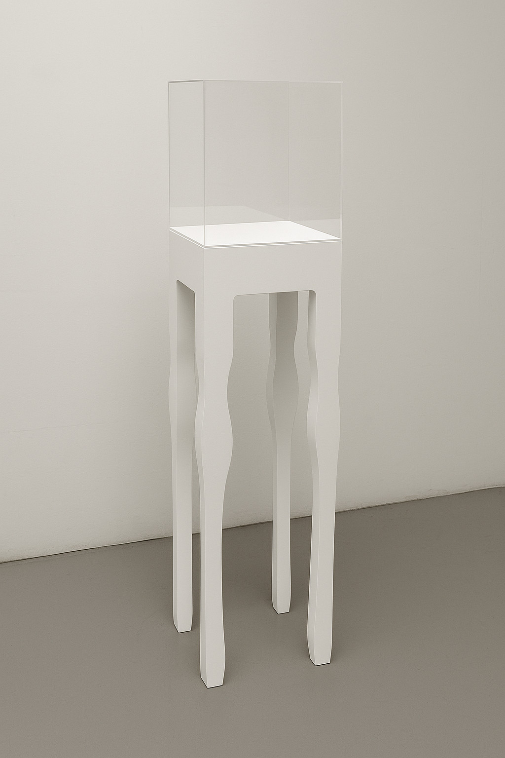 totem espositivo con gambe sagomate e teca in metacrilato